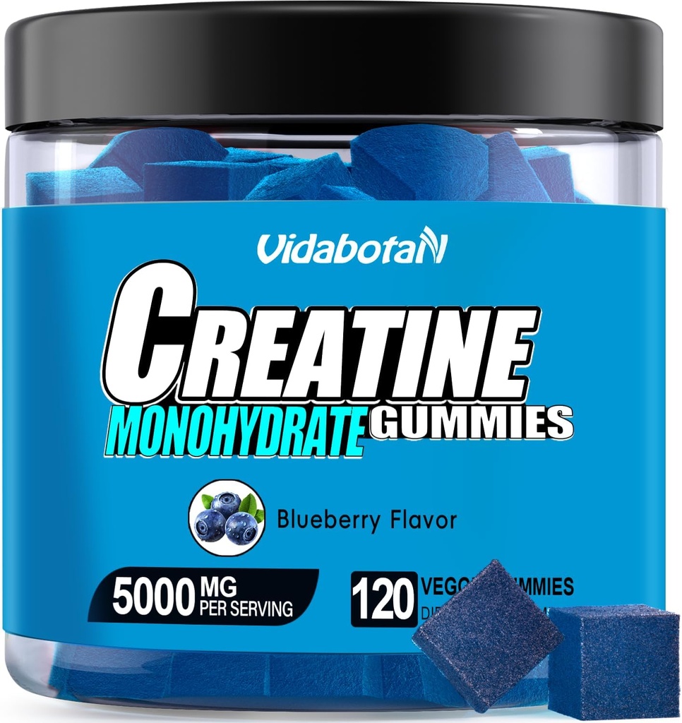 Creatin Monohidrat Gummies pentru bărbaţi şi femei 5g de Creatină Monohidrat per Serving- Crește puterea şi construi musculare,Sugar gratuit,Vegan,Blueberry Flavor, 120 Conte,B571