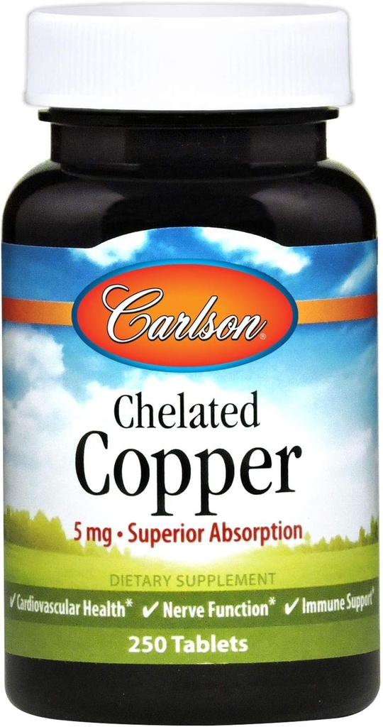 קרלסון - Chelated Copper, 5 מ"ג, Absorption העליון, Circulation Health, Nerve Function & Immune Support, 250 טבליות