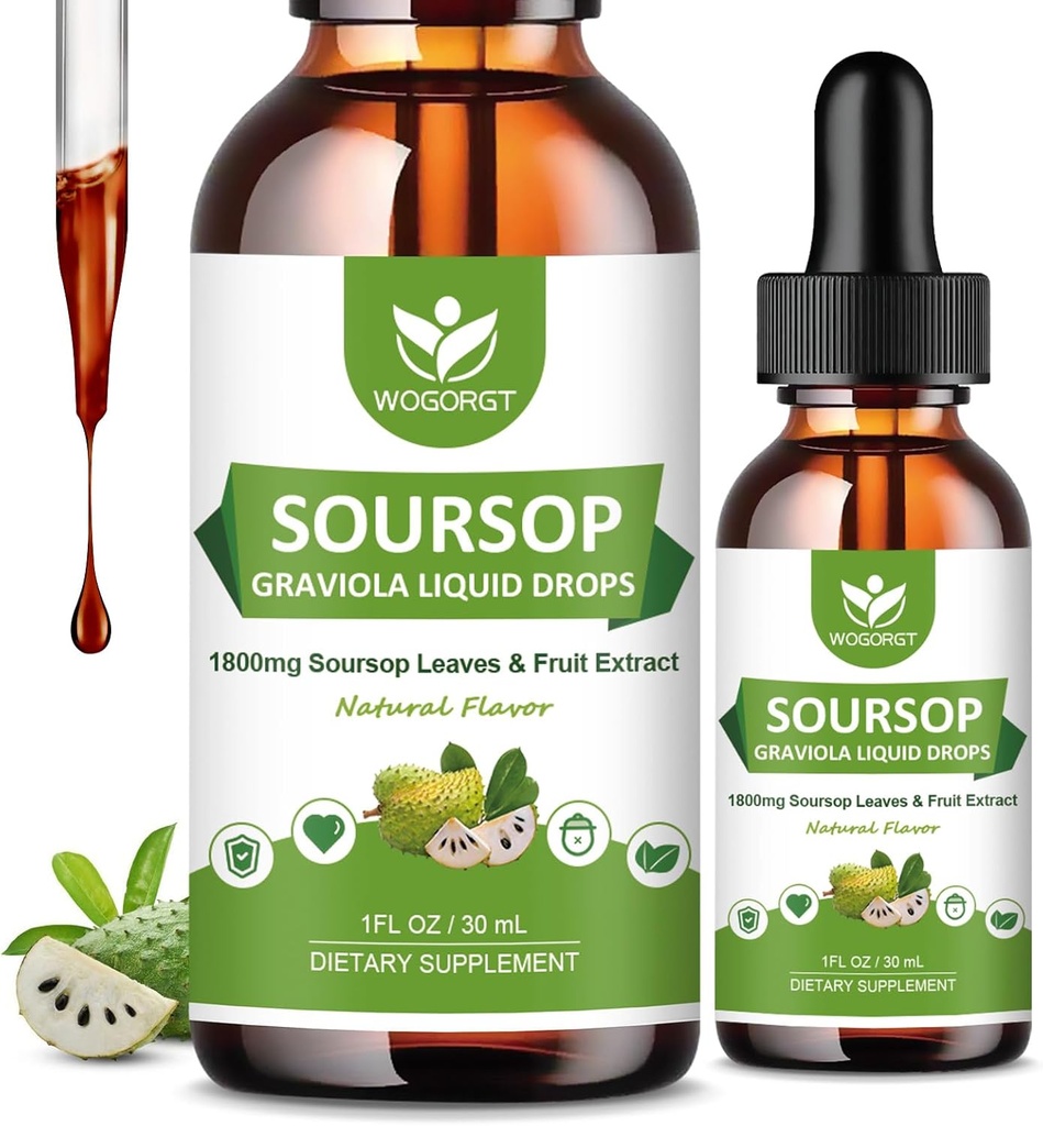 (2 Pack) Soursop Graviola flytende dråper - 1800mg Soursop ekstrakt - høy absorpsjon Sour-sopp bitere flytende for cellestøtte og regenerering, immunstøtte, antioksidant, avslapping, sukkerfri - 1 Fl Oz