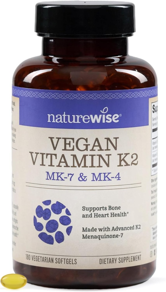 NatureWise Vitamina K2 600mcg Supliment cu MK-7 100mcg & MK-4 500mcg - Formula Biodisponibilă îmbunătățită - K Complex pentru sănătatea oaselor și a inimii - Vegan, gluten gratuit, non-GMO -180 Softgels[6-Month Supply]