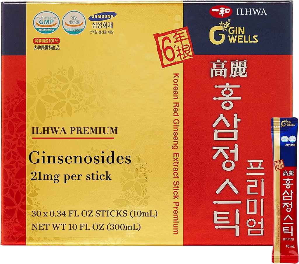 ILHWA Premium Korean Red Ginseng Extract Sticks (0,34fl oz X 30 Sticks) - immuunsus. Ginsenosiidi 21 mg serveerimise kohta