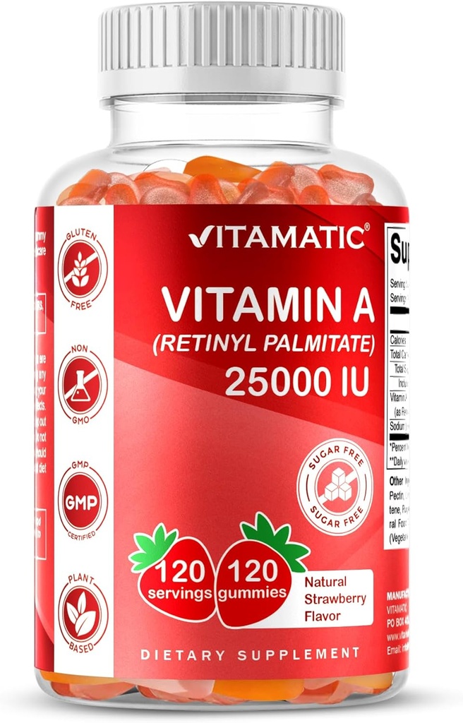 Vitamatic Sugar Free Vitamin A 25000 IU Gummies (Retinyl Palmitate) - Natural Strawberry Flavor - 120 Pectin Based Gummies (3 Bottles)