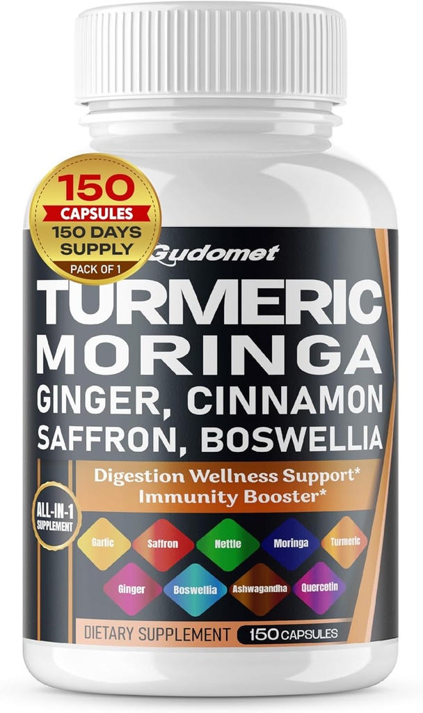Turmeric Moringa Ginger Boswellia Quercetin Cinnamon Saffron Tart Cherry Odorless Knoblauch Nettle -150 Kapseln- Made in USA
