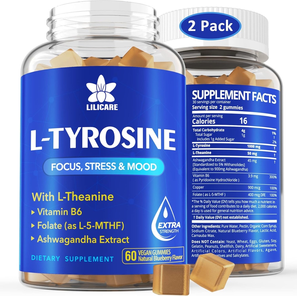 L Tyrosine Gummies 1100mg Mood תומך בלגן, עם Ashwagandha, L-theanine, ויטמין B Complex B6, Folate(Vitamin B9), Focus & Memory, Cognition & Brain Function, Energy Boost,Stress Support, 2Pc/120