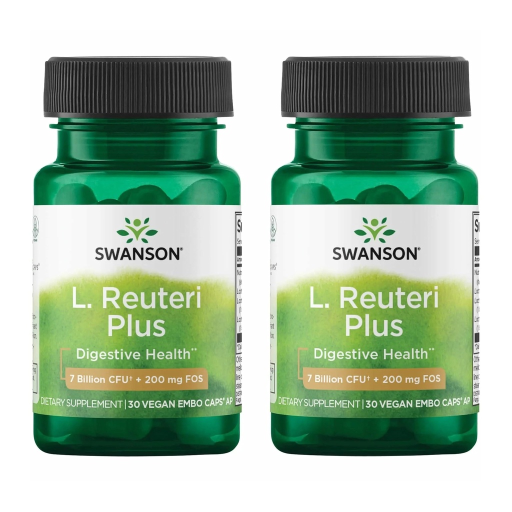 Swanson L. Reuteri Probiotic Plus with L. Rhamnosus, L. Acidophilus & FOS Prebiotic for Gut-Health-Conscious Adults - 7 Billion CFU (30 Vegan Capsules, 2 Pack)