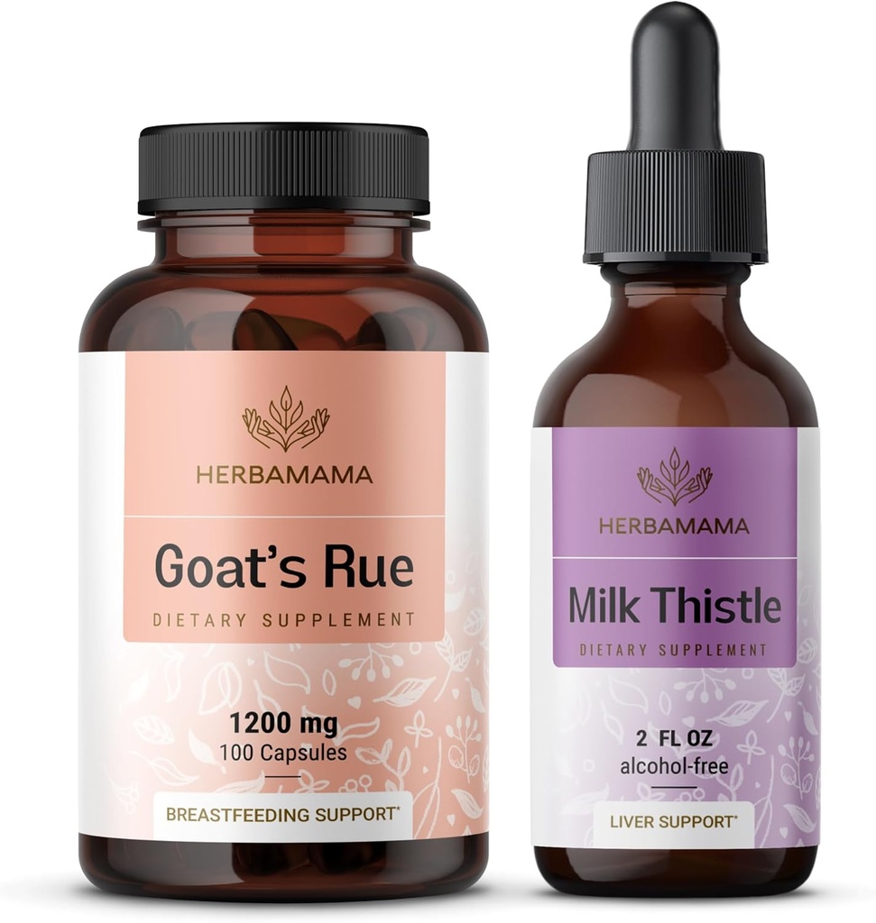 HERBAMAMA Goat 's Rue and Milk Thistle Kit - Bundle of 1200 mg Goat' s Rue Capsules & Milk Thistle Life Detox Drops 2 fl oz - Vegan, Non-GMO, Sugar & Alcohol- Free - 2 Pack
