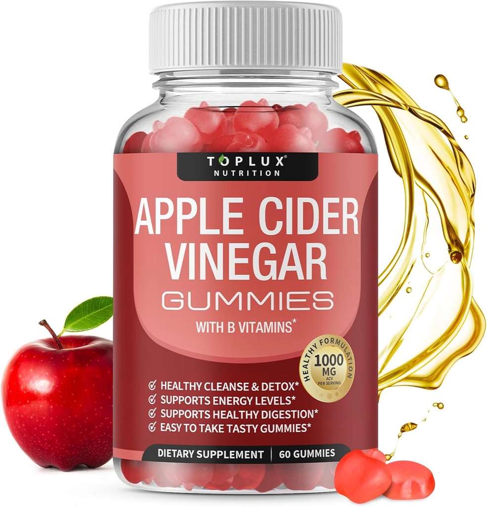 Toplux Apple Cider Viinegar Gillies - 1000mmg ACV amb B12, Beet Root, Pemegrane per al sistema Imne, Detox i Clearse, Gummy alternatives a Apple Cider Vainegar Capules, per a Dones Men, 60 Glaughses