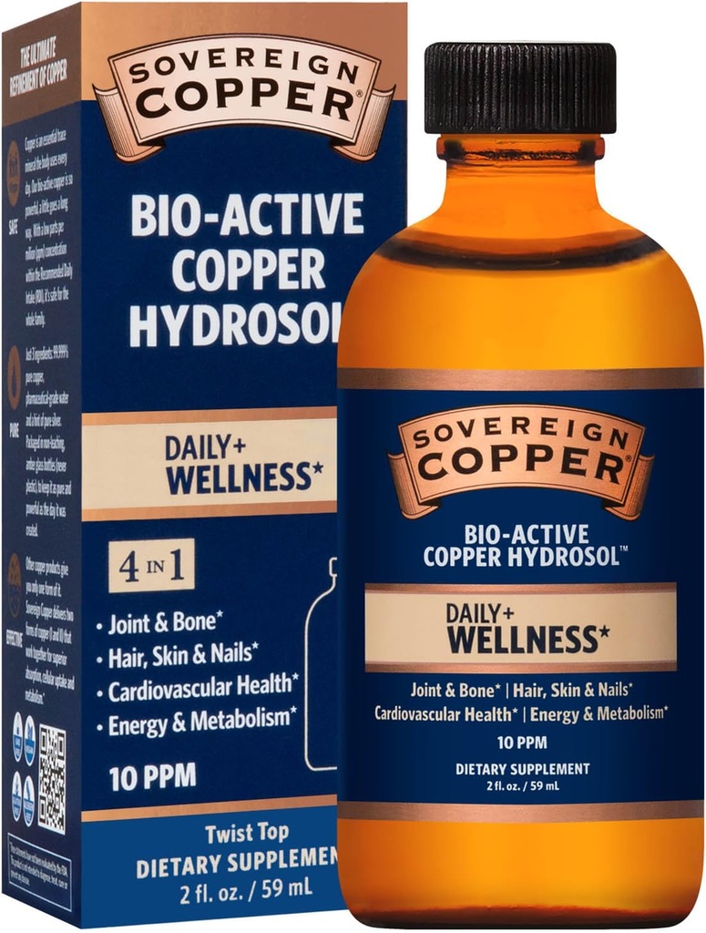 Sovereign Copper Professional 4-in-1 Wellness Support, Joint & Bone, Hair, Skin & Nails, Cardiovaskulární zdraví & Energy, Bio- Active Copper Hydrosol, 30 ppm, Liquid Twist Top, 2 Fl Oz (59 ml)