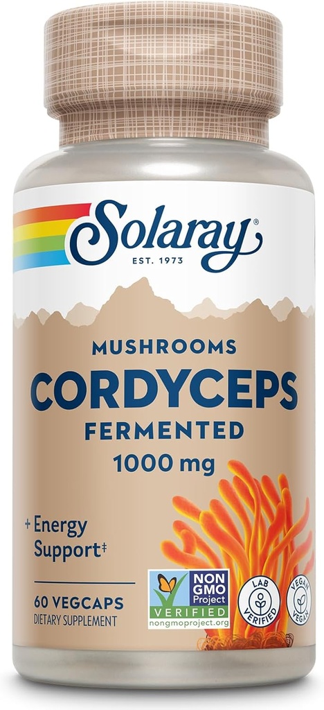 SOLARAY Fermentado Cordyceps Mushroom 1000 mg - Suporte de Energia Saudável - Fermentado para Absorção Melhorada - Vegan, Não-GMO, Lab verified - 30 Servings, 60 VegCaps