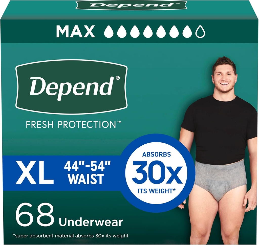Undercontinence Underwear for Men, Disposable, Maximum, Extra-Large, Grey, 68 (2 Packs of 34), Packaging May Vary