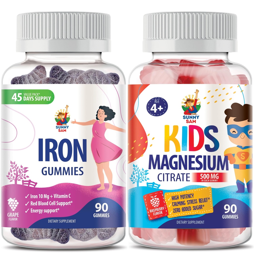 Magnesium Gummies for Kids 500mg & Iron Gummies for Adults - Iron Vitamins with Vitamin C