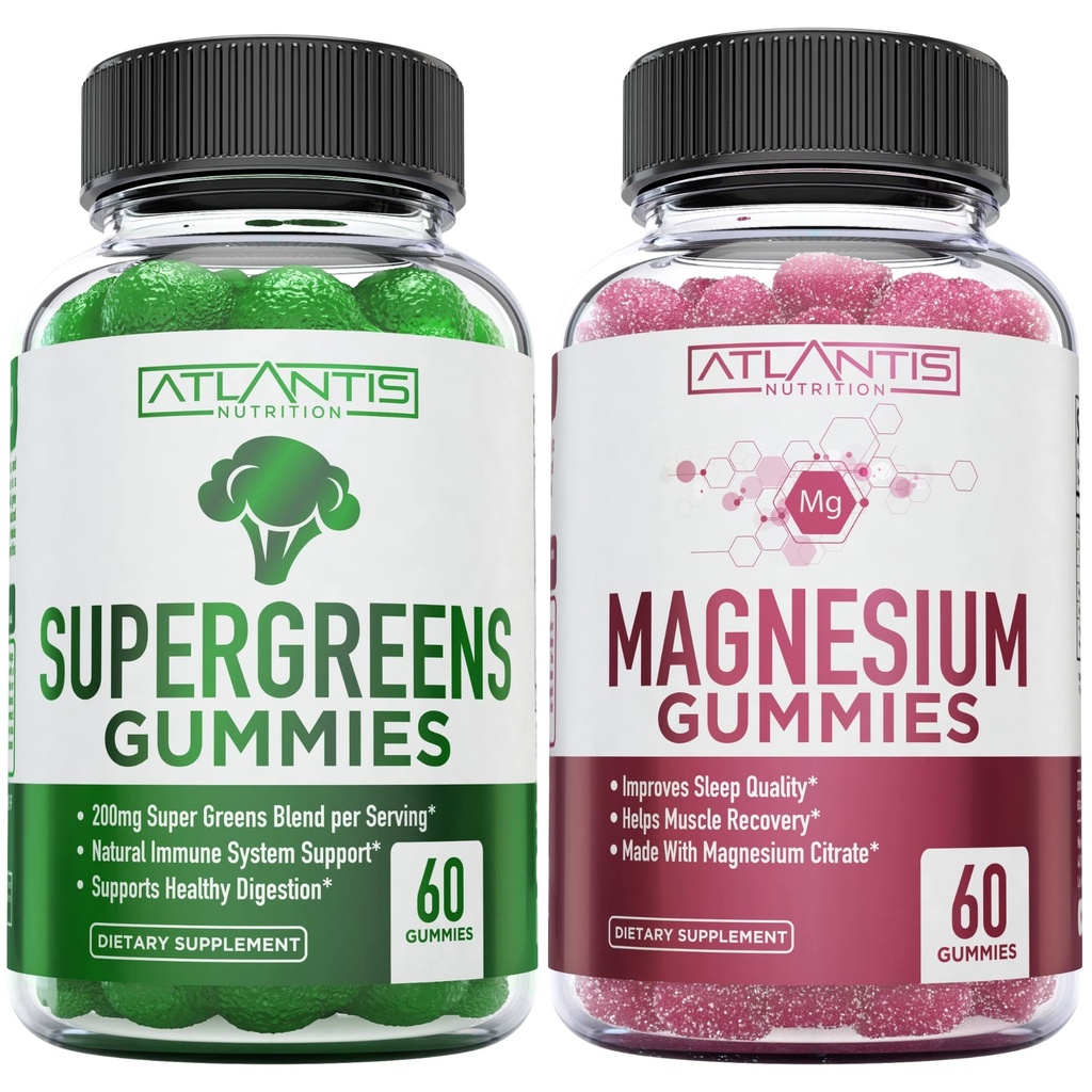 Supergreen & Magnesium Gummies - Magnesium Helps Muscles Recover, Delicious Supergreens with Spinach, Broccoli, Beetroot, Green Tea, & Acai for Immunity Support- 60 Gummies