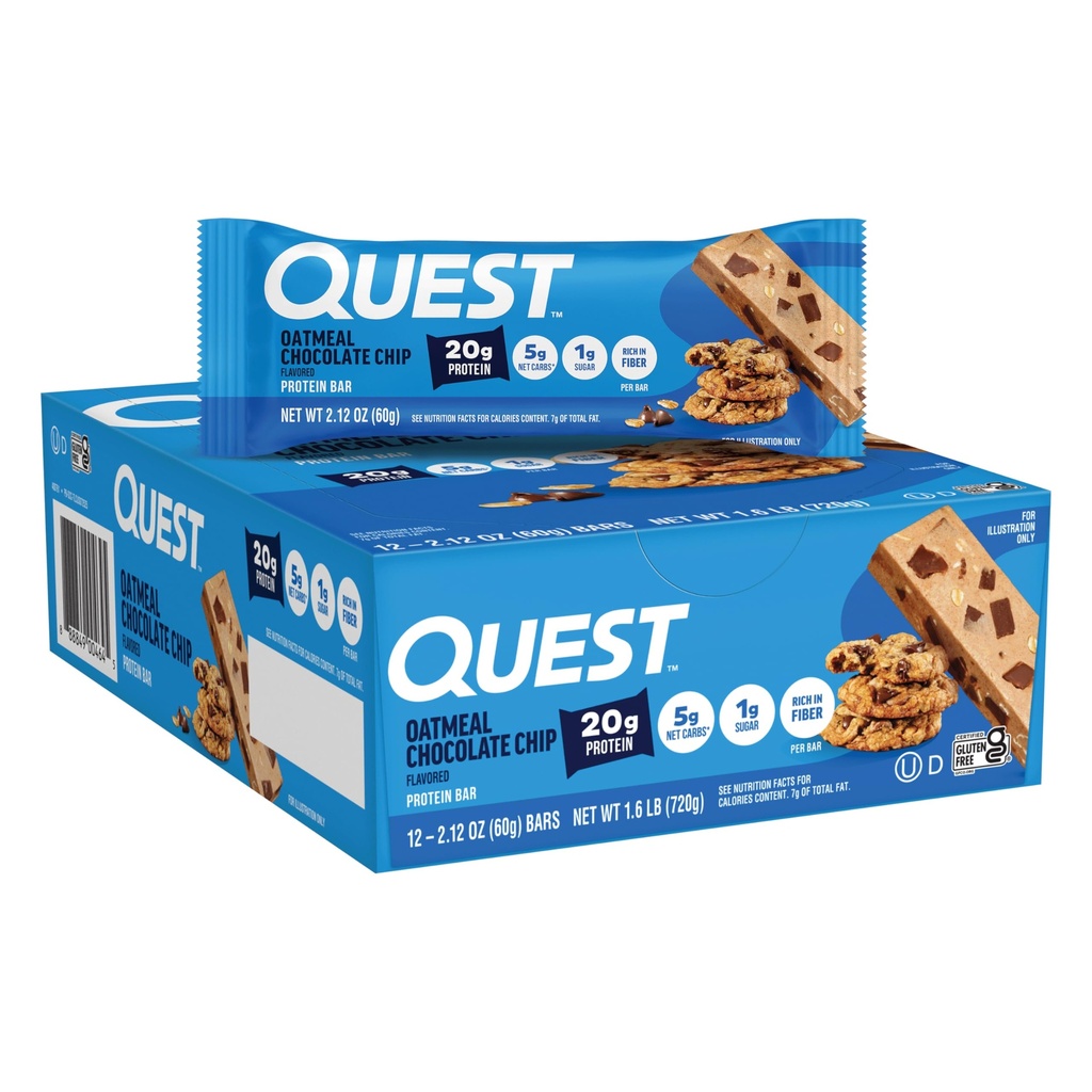 Quest Nutrition Oatmeal Chocolate Chip Protein Bars, 20g Protein, 1g Sugar, 5g Net Carb, Gluten Free, Keto Friendly, 12 Count