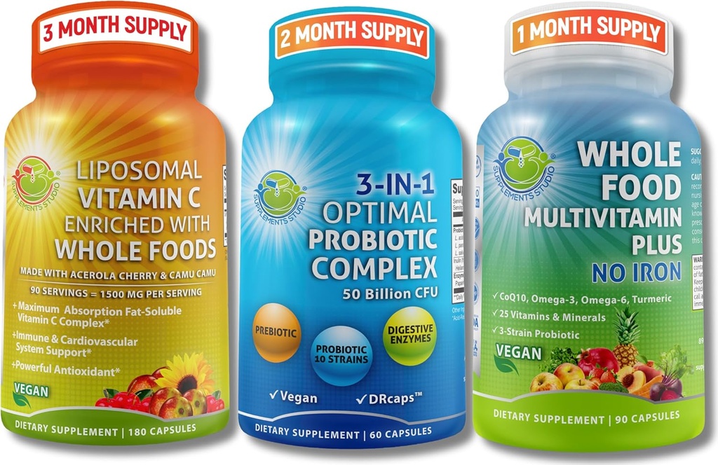 Gut Health, Immunity, Energy & Nutrient Support – 3-in-1 Probiotic with Digestive Enzymes + Liposomal Vitamin C 1500mg + Whole Food Multivitamin Without Iron – Vegan, Non-GMO, Clean Wellness Support