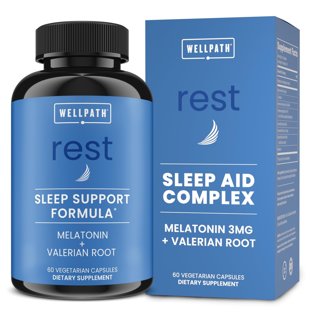 WellPath Rest Valerian Root Sleep Aid for Adults with Melatonin & L-Theanine | Natural & Herbal Sleeping Pills with Extra Strength | | 5-HTP, Lemon Balm, Chamomile, 60 Ct