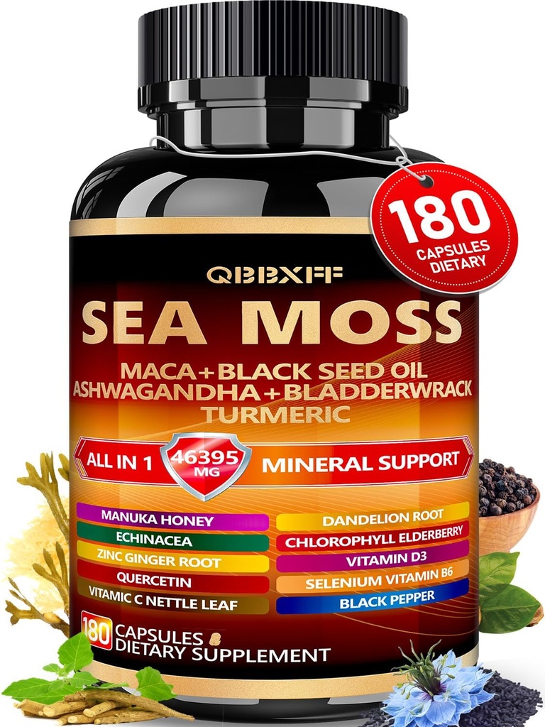 QBBXFF Moss, Maca, Black Seed Oil, Ashwagandha, 180 Počet
