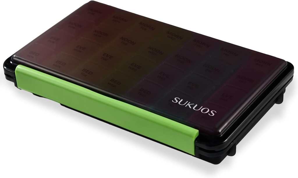 Sukuos Weekly Pill Organizer 7 Hari 4 kali sehari, Resistant Large Daily Box Medicine Cases for Vitamin / Fish Oil / Suplemen (Hitam)