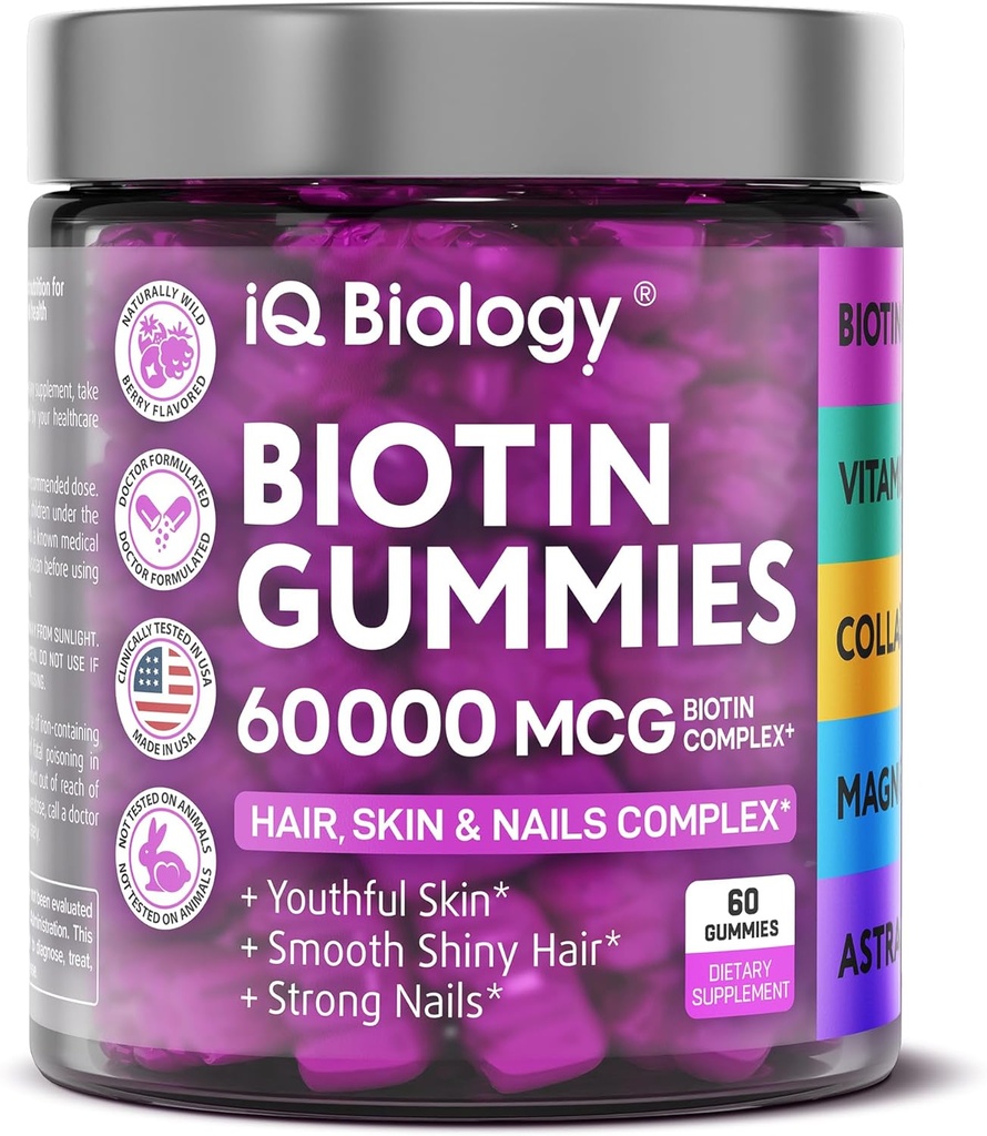 Biotin Gummies per Capelli, Pelle e Unghie - Vitamine per la Crescita dei Capelli per Donne & Uomini - Integratore Del Gomma Di Perdita Dei Capelli con Biotina Extra Forza (Vitamina B7), Collagene, Blocco Keratin & DHT, 60 Cuscinetti Masticabili