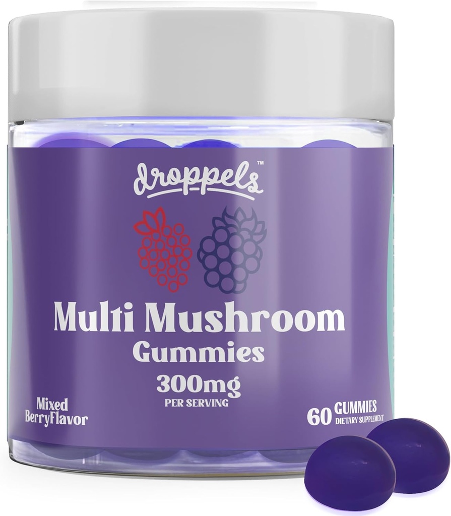 Droppels Multi-Mushroom Gummies | Vegan, Pectin-Based & Non-GMO | Maitake, Shiitake, Turkey Tail, Chaga, Reishi & Lion's Mane Supplement | Mixed Berries Flavor, 60 Count