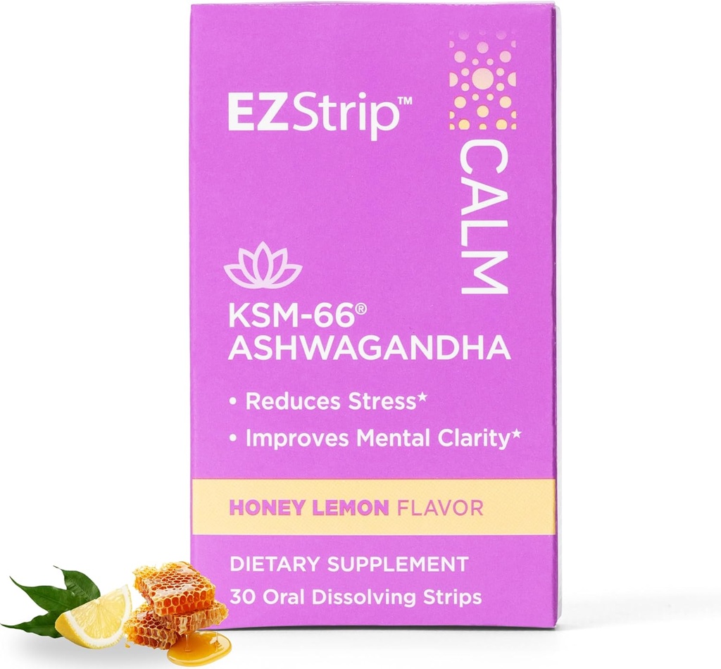 תוסף Calm - Honey Lemon Flavor, 30 Count - Disshoot Calming Strips with Ashwagandha KSM 66 Help Support Stress Relief - Made in the USA, Sugar and Gluten-Free