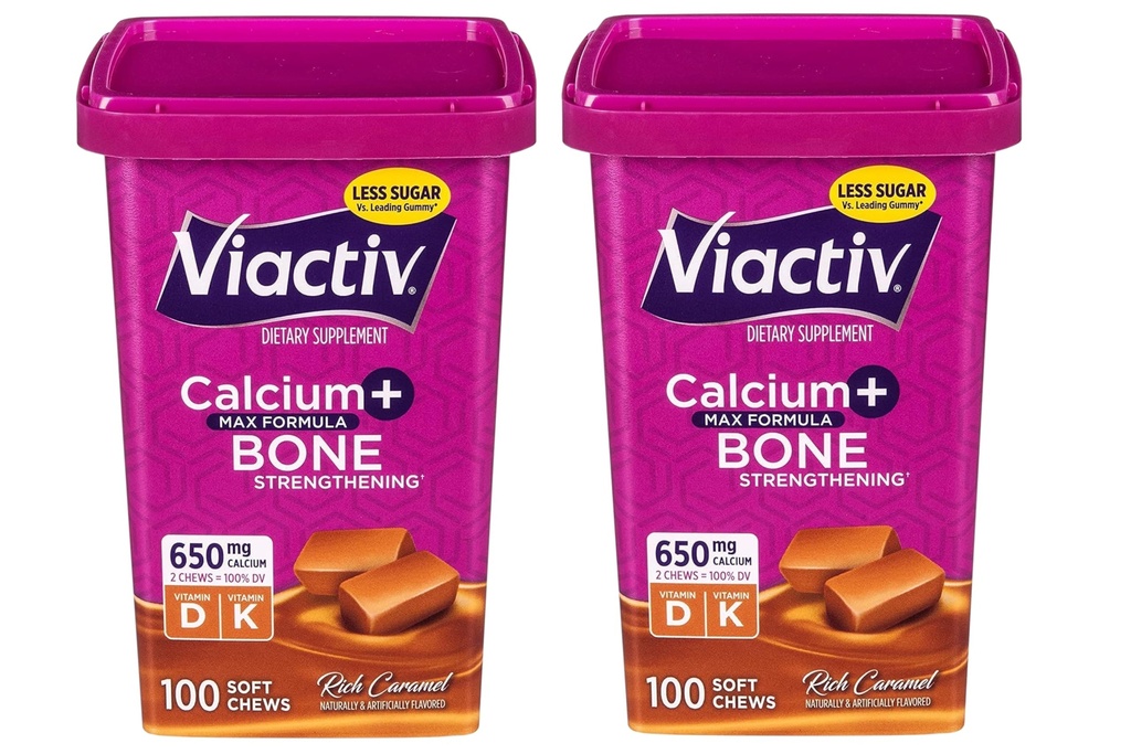 Viactiv Max Formula Calcium +Vitamin D3 Supplement for Bone Health, Rich Caramel, 100 Soft Chews - 2 Pack