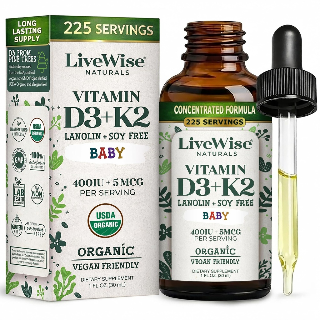 Live Wise Naturals Organic Vitamin D3 K2 Liquid Drops for Babies, Concentrated Formulation, 225 Servings, (MK-7), Micro-Dose Dropper, Gentle Daily Supplementation, Early Development, Precise Dosing