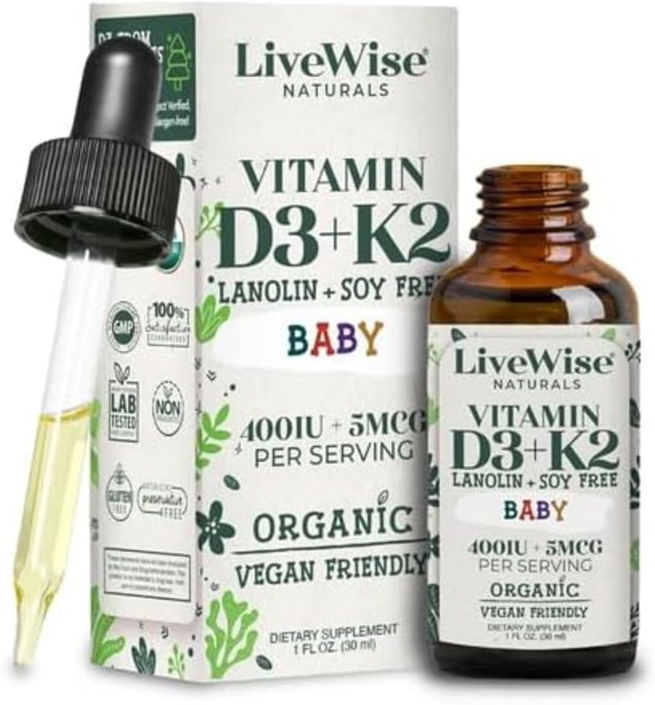 LiveWise Naturals Baby Vitamin D3-K2 Tekutý dodatek, Vitamin Kapky pro kojence a Toddlers, pro zdravý růst, vývoj a denní Wellness, Easy- to- Use Dropper in Glass Bottle, 1 Fl Oz