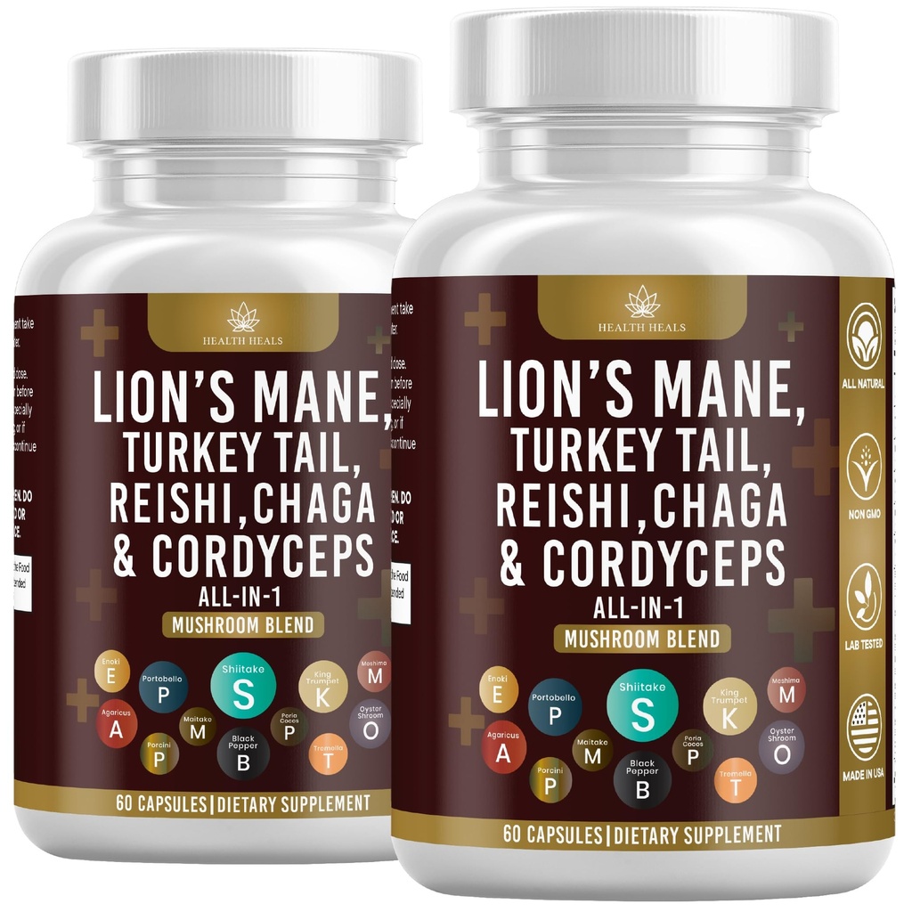 Mushroom Supplement with Lion's Mane Turkey Tail Reishi Cordyceps Chaga Marshmallow Root - 120 Count