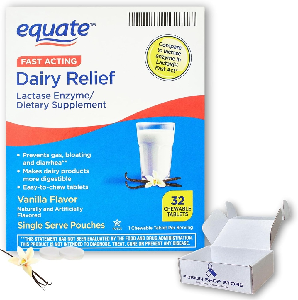 乳汁药丸用于乳糖不耐症 - Equate Fast Affair Relief Vanilla Flavor, 32个可嚼药片,Lactaid Chewables,Lactase Enzyme (Pack of 1),由Fusion商店装箱.