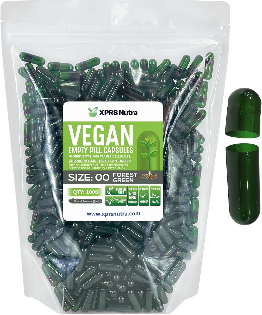 XPRS Nutra Size 00 Empty Capsules - 1000 Count Empty Vegan Capsules - Vegetarian Empty Pills - DIY Vegetabilisk kapselfyllning - Veggie Pill Caps (Forest Green)