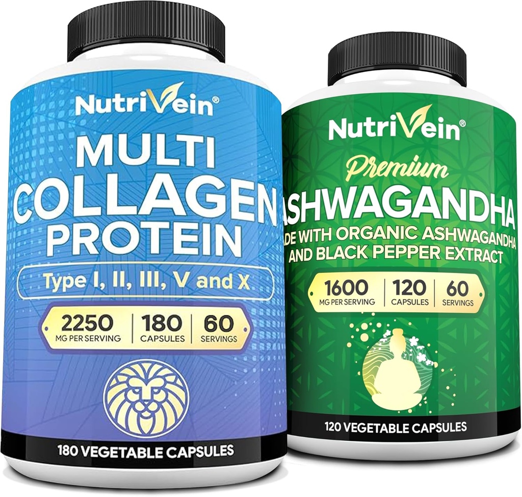 Nutriční Premium Multi kolagen Kapsle & Ashwagandha Doplňky Bundle: High- Absorpce Ashwagandha Root & Multi kolagen Peptides Kapsle pro tělo a mysl