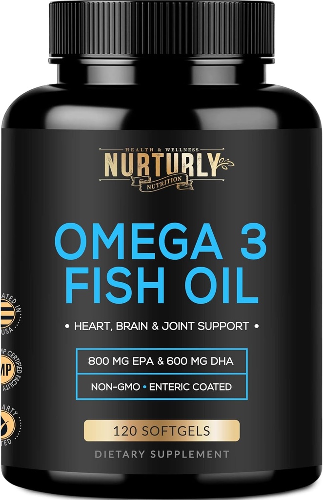 Omega 3 Fish Oil 2000mg, 800mg EPA ja 600mg DHA - Enteric päällystetty ja Burpless - Tukee aivot, ja sydän - Burpless, Ei-GMO, 3rd Party Lab testattu ja NSF Certified - 120 Softgels