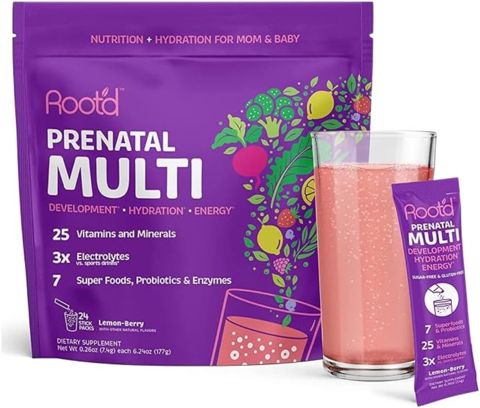 3X Electrolytes ilə Kök Prenatal Multivitamin Toz - 25 Vitamin və Minerals, Folate, Iron, Vitamin D3, 7 Superfoods & Probiyotiks, Sugar-Free Vitamins & Hydration