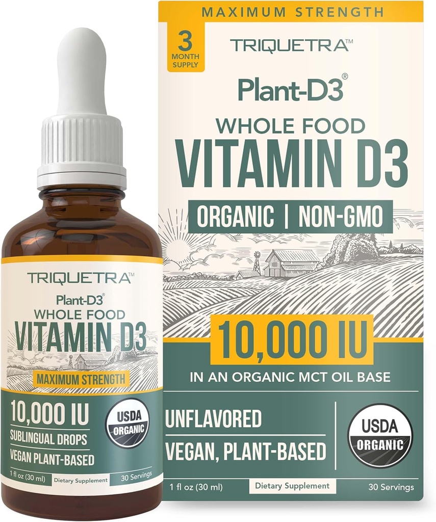 Vitamine biologique D3 10 000 UI - Plant D3, Vegan, Max Strength Gouttes liquides sublinguales D3 - 200% Absorption plus élevée, 100% à base végétale forme cholecalciferol et végétal D3, dosage réglable (30 portions)