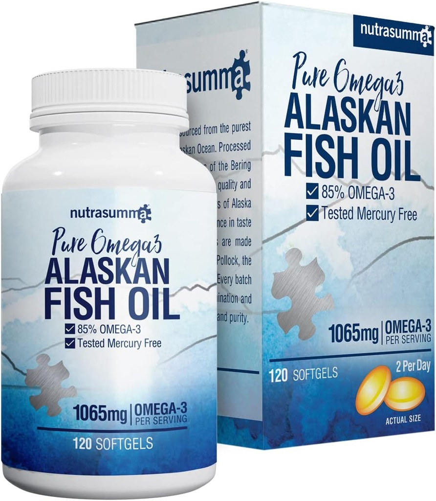 Nutrasumma høy renset Omega 3 Supplement Wild Alaskan Fish Oil Burpless & No Fishy smak, 650mg EPA & 270mg DHA av 1250mg Fish Oil softgels, Glutenfri, hjerte, hjerne og immun støtte, 60 serveringer