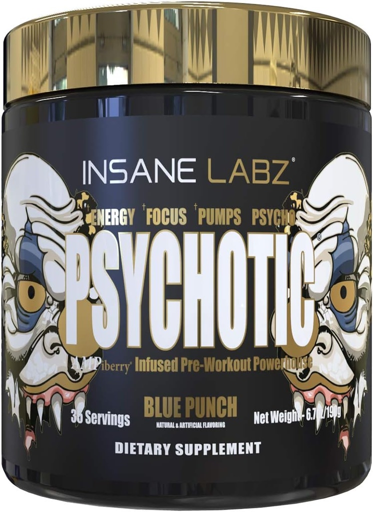Insane Labz Psychotic Gold, High Stimulant Pre Workout Powder, Extreme Lasting Energy Focus, Pumps en Endurance met Beta Alanine, DMAE Bitrate, NO Booster (35 Servers, Blue Punch)