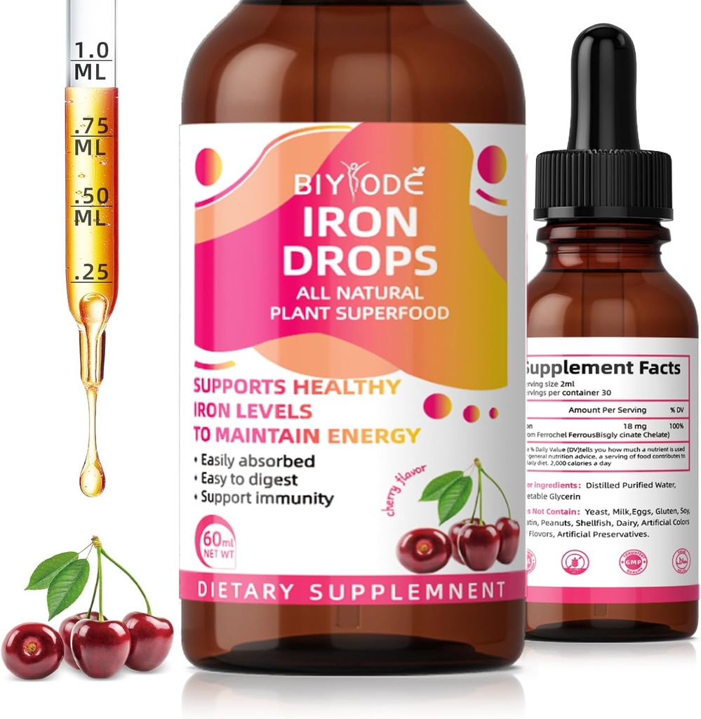 Järntillskott för kvinnor Drops: Liquid Iron Supplement med vitamin C B12 & Folic Acid Gentle Absorption Energy Support Non-Constipating Formel Vegan Sugar-Free Drops