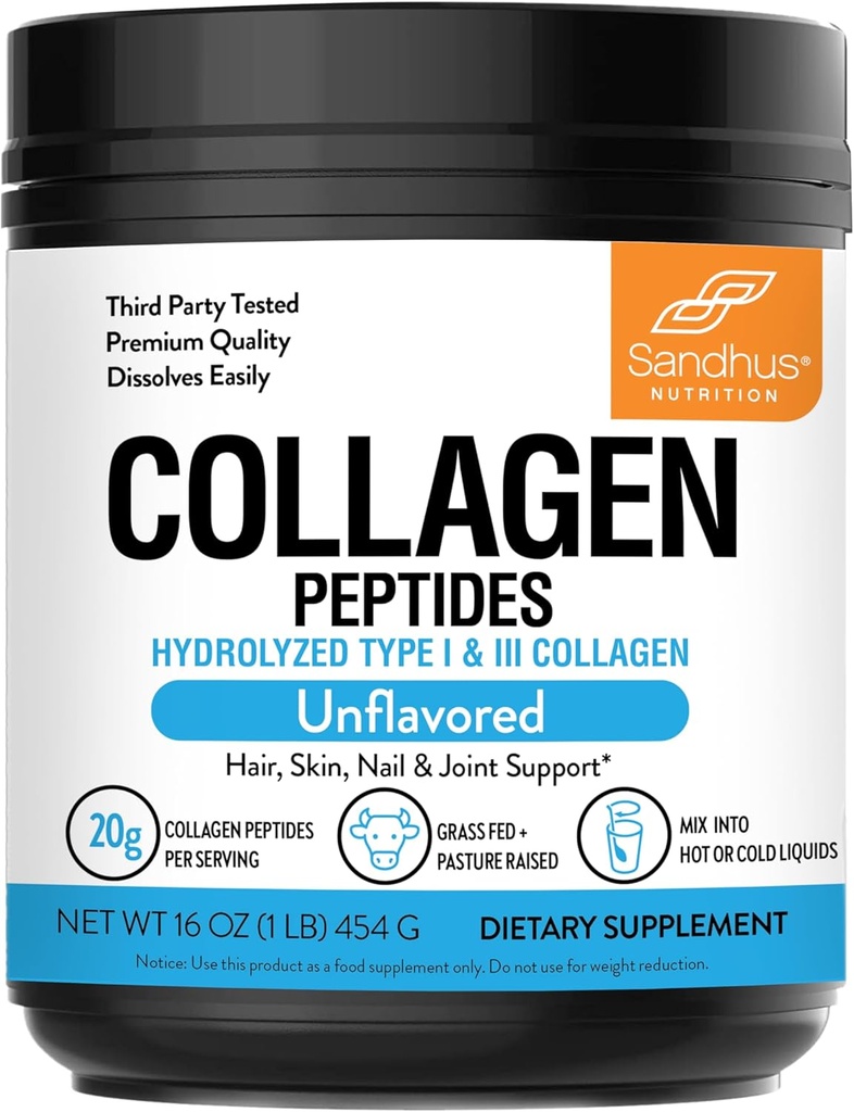 Sandhu's Collagen Peptides Powder|1 lb, 22 Servis Unflavored| Grass-Fed Hydrolyzed Bovine Collagen | Unterstützt jugendliche Haut, Haare, Nägel, Mobilität & Flexibilität