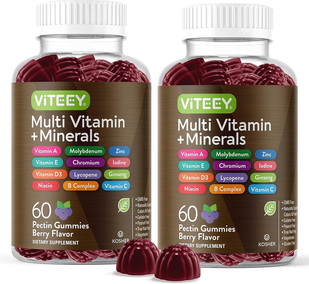 Multivitamin Gaminats Gaminats per adults i adolescents - Imune Implementació de Grudes - 12 Daily Viads amb Vimina C, D3, A, Zinc & Vegetarian, Guten Free - Chewable Berry Flavoy