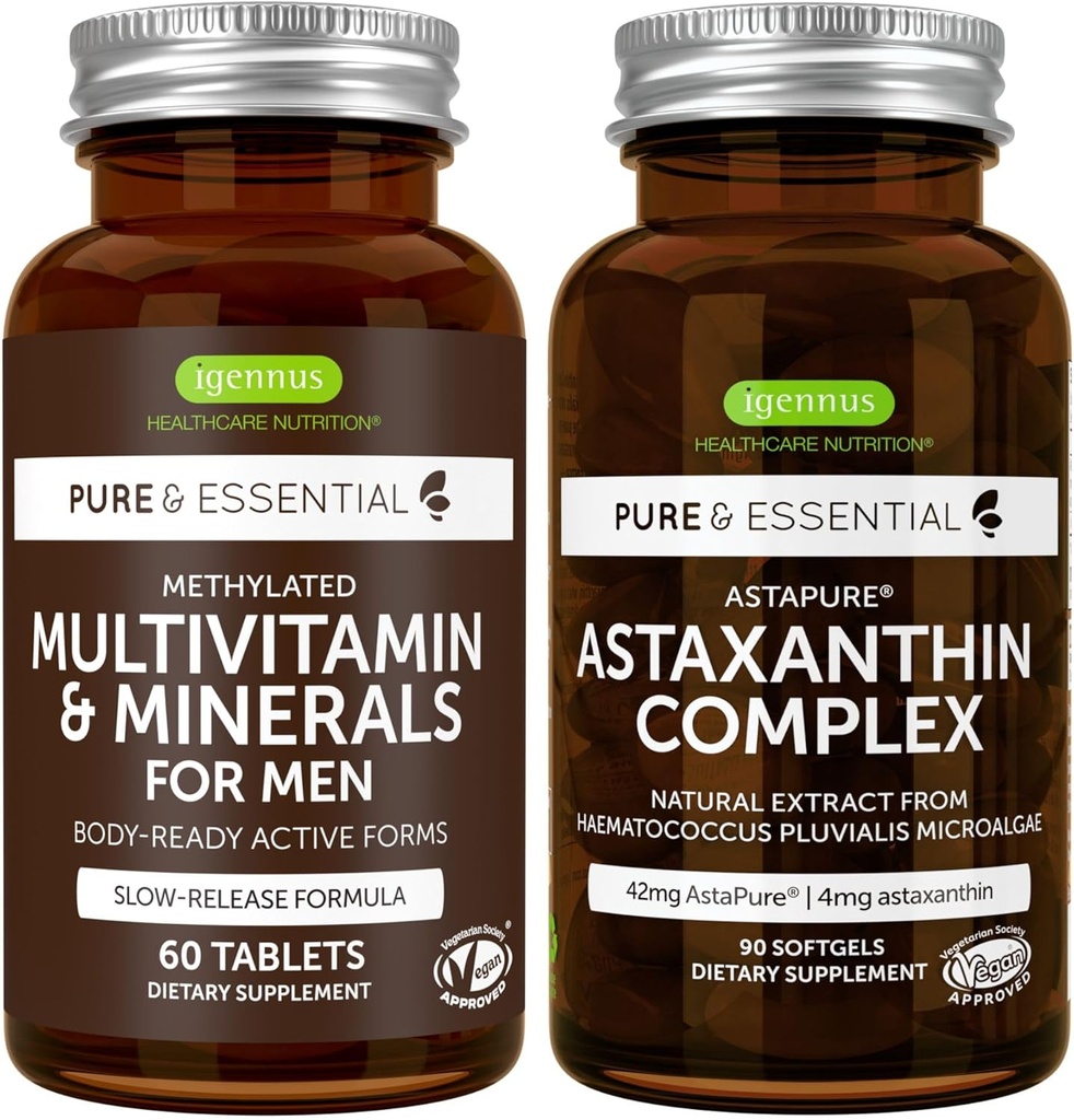 Multivitamin i Madals per als homes + Asttaxanthi complex Vegan paquets de postatge avançat multivitamin + 4 mg H. Pluvialis Natural Astatxantin, per Igennu