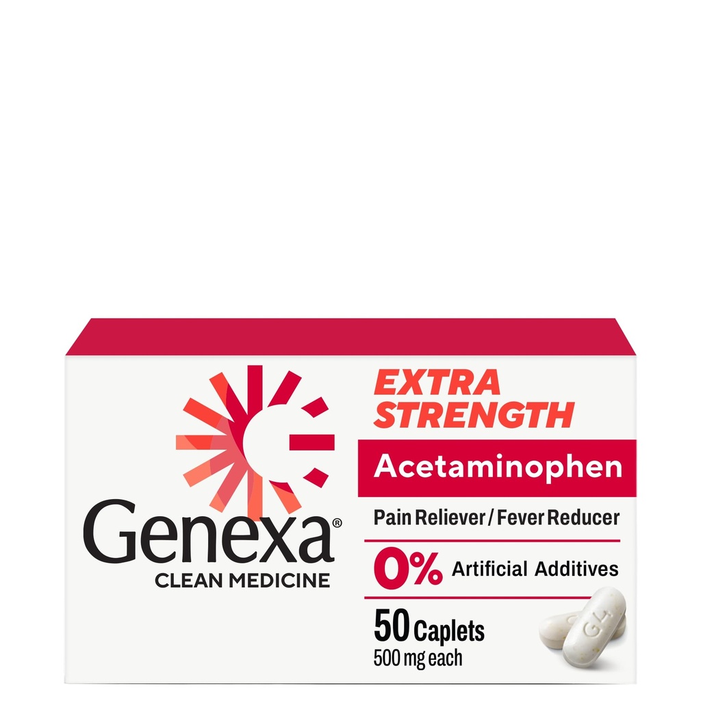 Genexa Clean Acetaminophen 500mg Extra Strength, Dye Free Pain Reliever Fever Reducer, 0% Artificial Additives, Pain Medicine for Adults, Relieves Headache, Backache, Minor Arthritis Pain, 50 Tablets