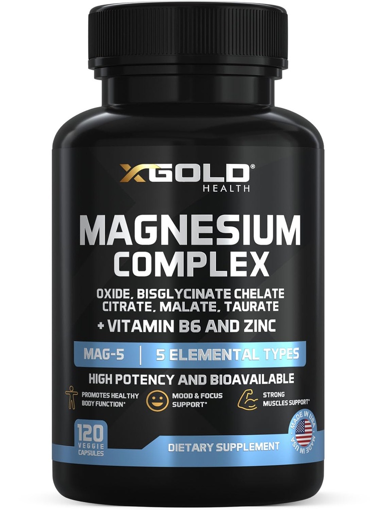 Magnesium Complex 5-in-1 with Zinc & Vitamin B6 – High Absorption Formula for Sleep, Muscle Recovery & Energy – Glycinate, Citrate, Malate, Taurate & Oxide – 500mg – X Gold Health