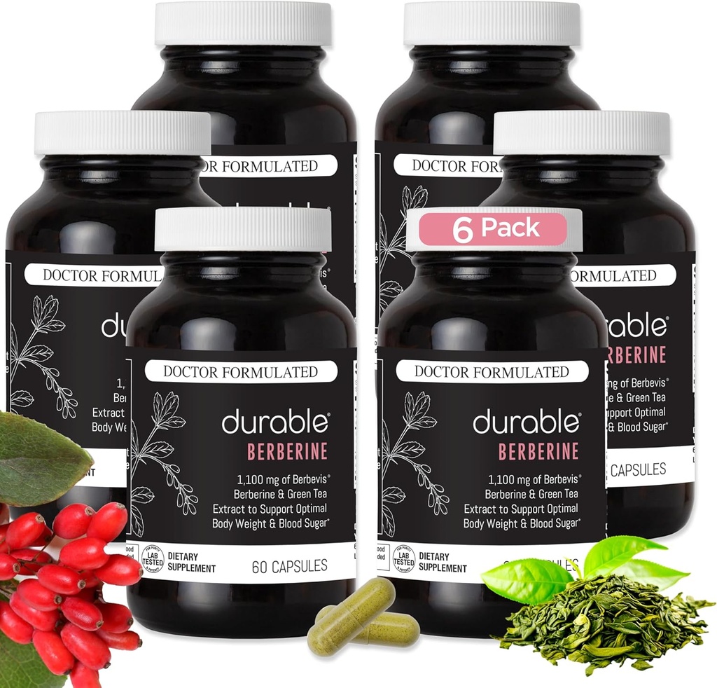 Durable Berberine - 1,100 mg Standardizované Berbevis Berberine s Phytosome Technology 10x Lepší absorpce pro hmotnost a metabolismus pro dospělé vyrobené v USA - 180 denní zásobování (360 kapslí)