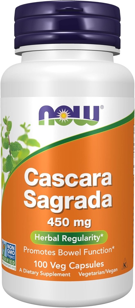 NOW Хранителни добавки, Cascara Sagrada (Rhamnus purshiana) 450 mg, Билкова редовност *, 100 Veg капсули