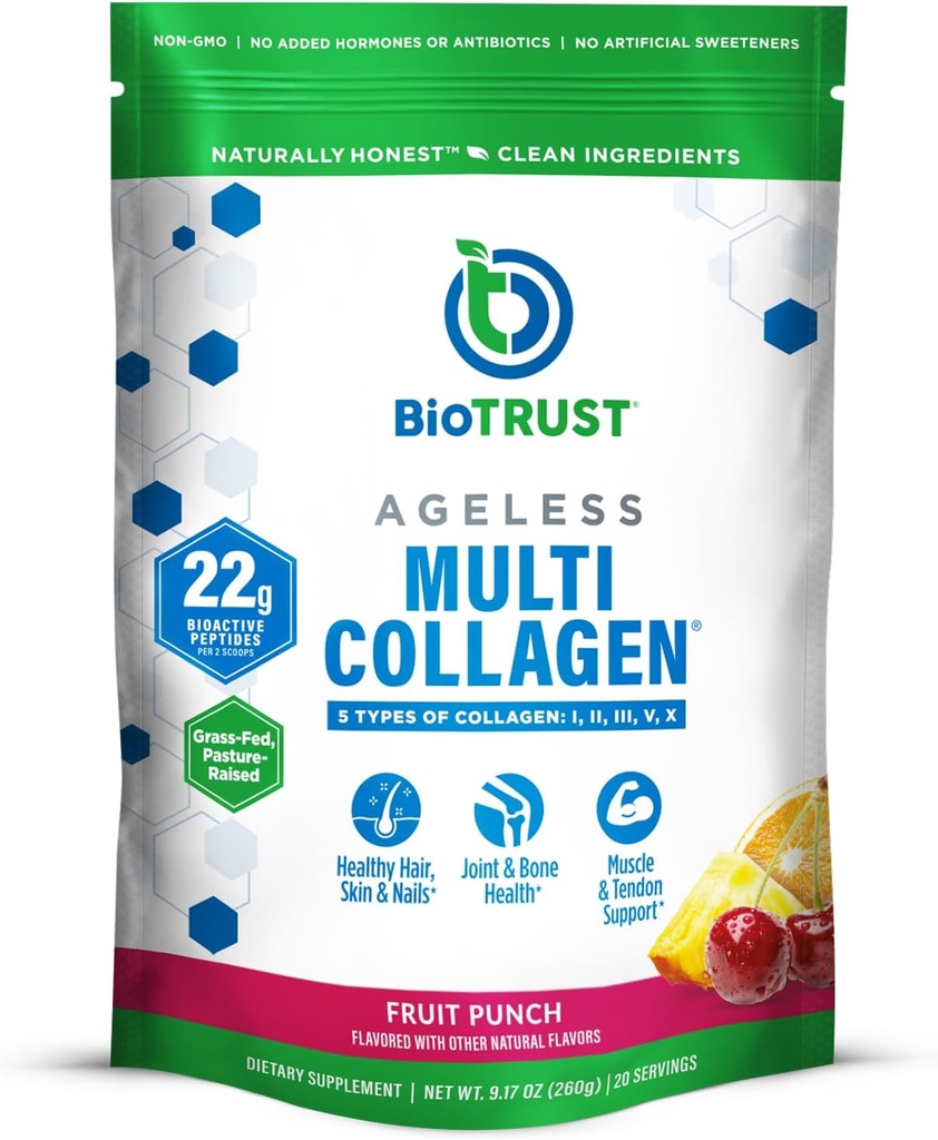 Biotrust Ageless Multi Collagen Peptides Powder – 5 vrst (I, II, III, V, X) – Fruit Punch Kolagen Powder za ženske in moške – hidrolizirane beljakovine – Grass Fed Beef, Ribe, Piščanci, Eggshell Membrane