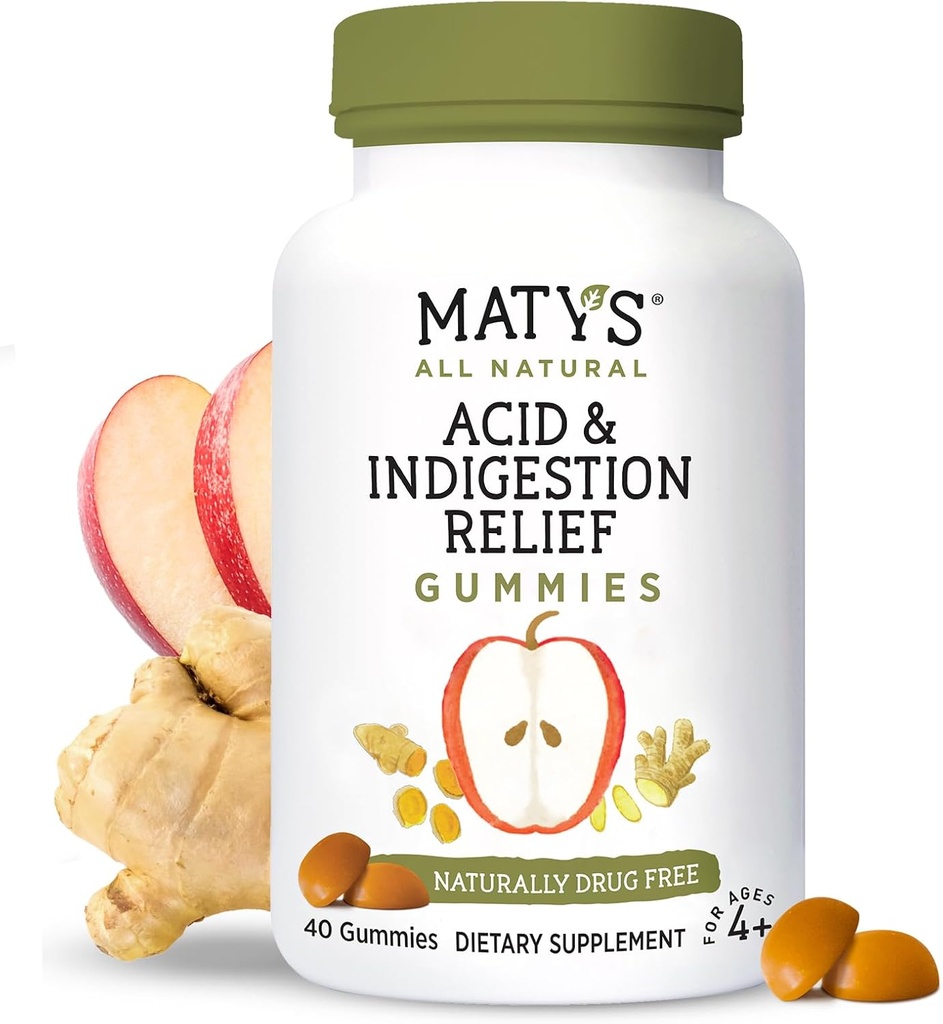 Matys Acid & Indigestion Relief Gummies, Safe Antacid for Occasional Acid Reflux & Heartburn in Adults & Kids 4 years +, Low Sugar, Gluten Free, Vegan Gummy Apple Cider Vinegar-ekin egina, 40 kondesa