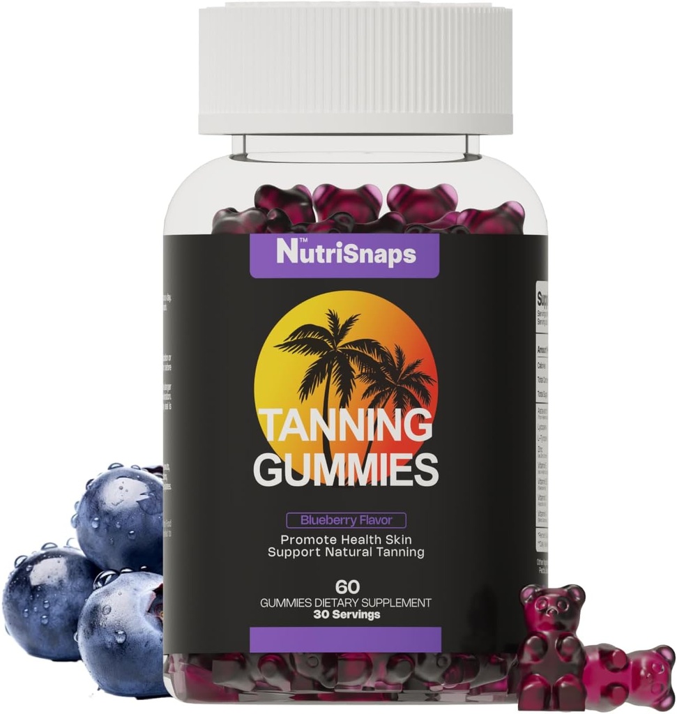 Tanning Gummies, Tanning Supplement per Adulti Donna & Uomini, Gummie Tanning giornalieri per la salute della pelle e pigmentazione, Non-GMO, Vegan, Blueberry Flavor, 60 Gummies