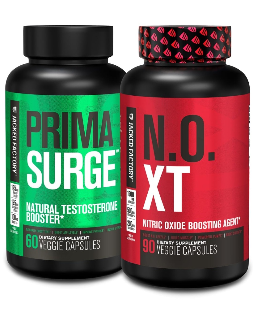 Jacked Factory Testosterone Booster for Men PRIMASURGE (60 Capsules) & N.O. XT Nitric Oxide Supplement (90 Capsules) for Muscle Growth, Pumps, & Energy