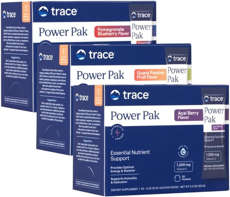 Trace Minerals Power Pak Multivitamin y Packets Multimineral - Electrolyte Support - 1200 mg Vitamina C Plus 70 Acai Berry, Blueberry Pomegranate y Guava Variedad - 90 Packets