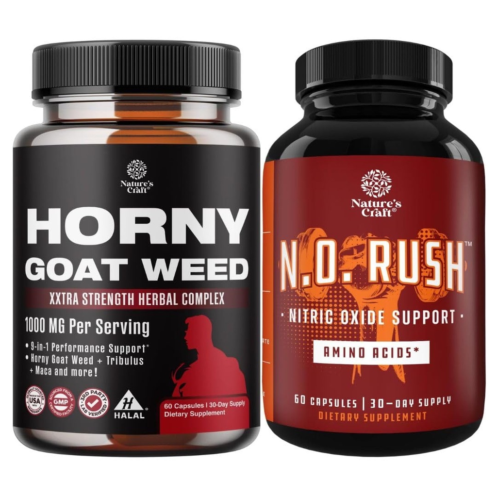 Bundle of Horny Goat Weed Extract Complex and Energizing Nitric Oxide Supplement for Men - with Tribulus Saw Palmetto L Arginine and Tongkat Ali Extract - Nitric Oxide Pills for Men with Beet Root